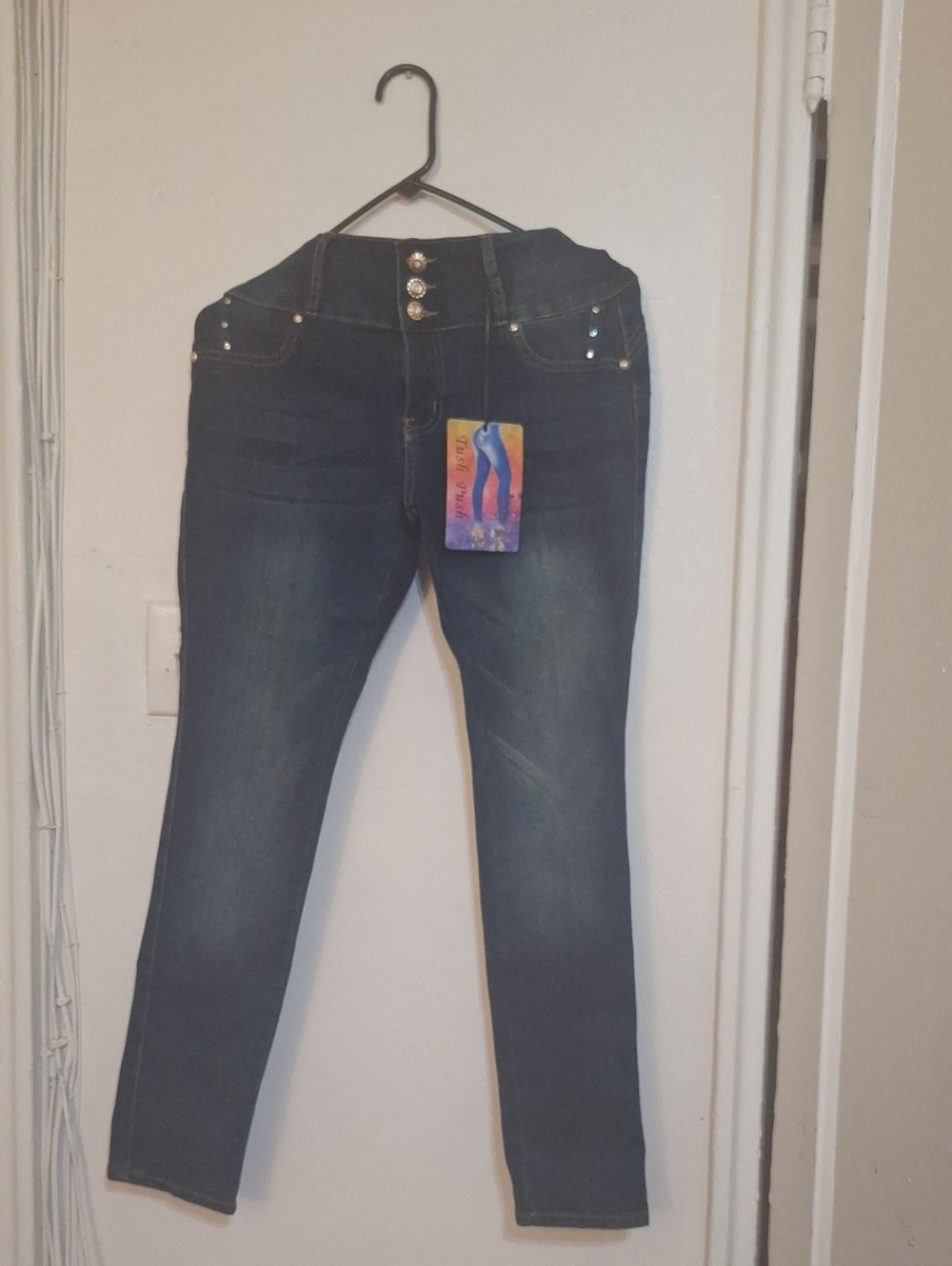 Dark Blue High-Rise Skinny Jeans with Triple Button Waist